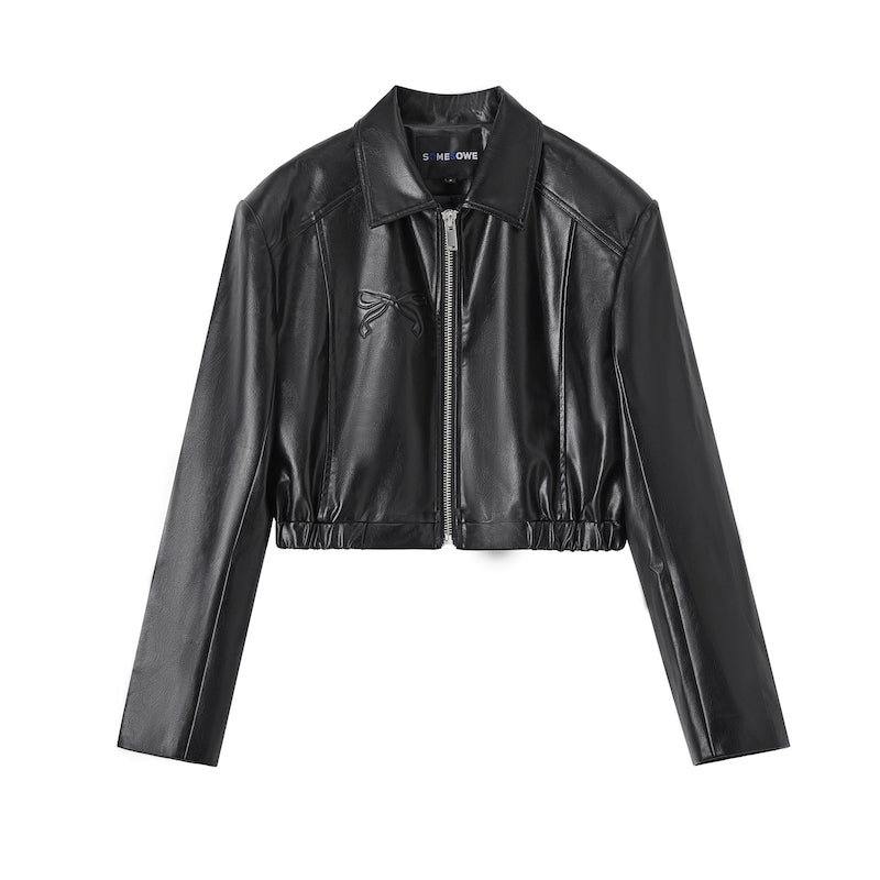 Black Butterfly Knot Faux Leather Moto Jacket