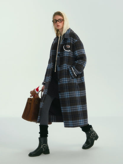 Contrast Plaid Long Woolen Coat