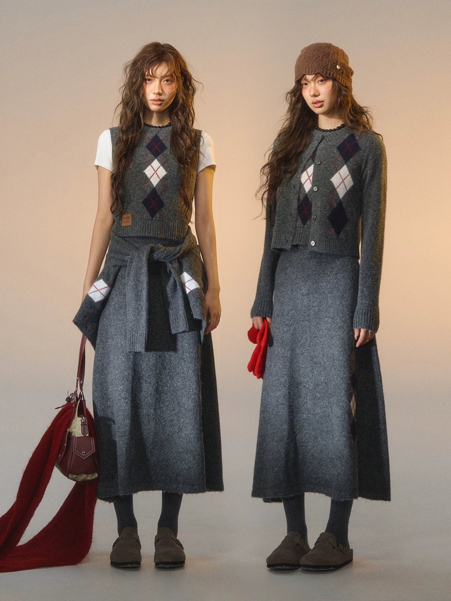 Floral Diamond Knit Vest / Cardigan / Skirt Set
