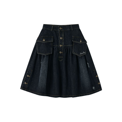 Vintage Washed Denim Utility Midi Skirt