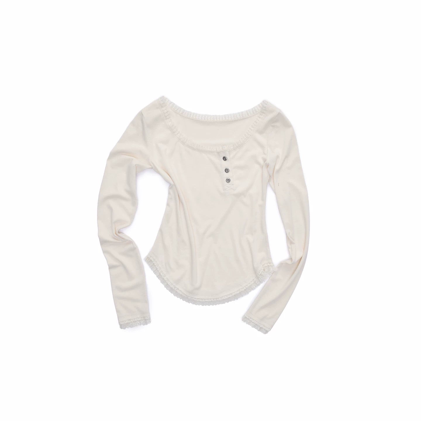 Asymmetric Henley Lace Trim Long Sleeve Top