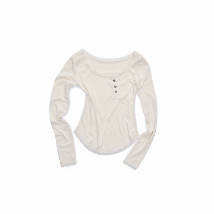 Asymmetric Henley Lace Trim Long Sleeve Top
