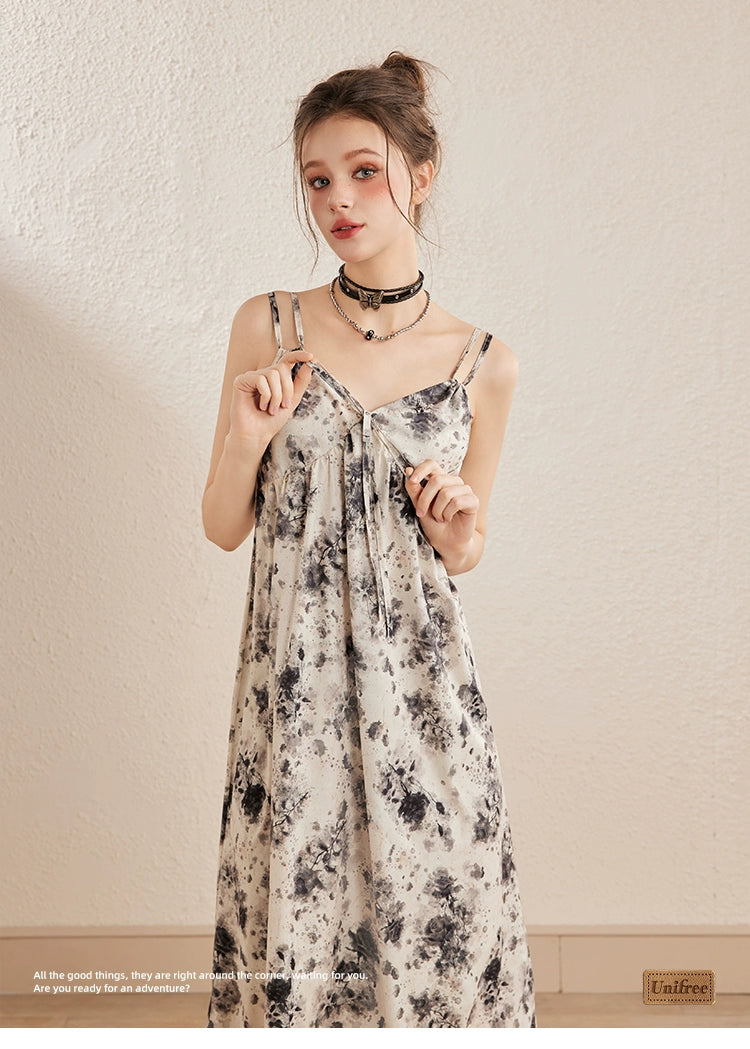 Apricot Rose Tie-Dye Floral Spaghetti Strap Dress