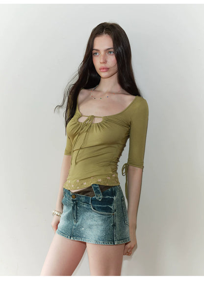 The NeverMore Vintage Embroidered Ruched Scoop-Neck Top NeverMore