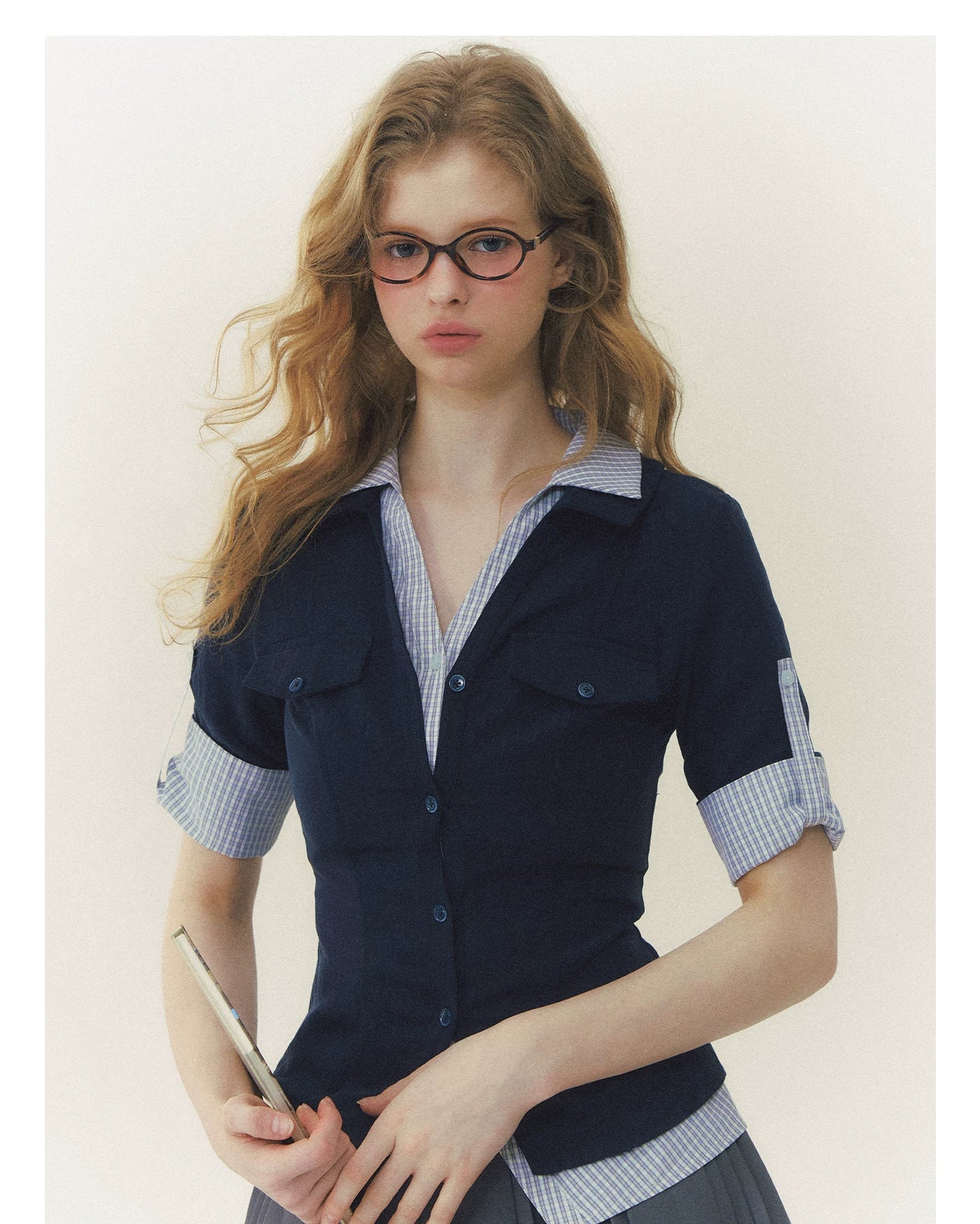 Contrast Plaid Layered Polo Shirt