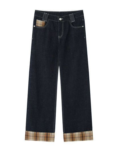 Blue Plaid Patchwork Straight-Leg Jeans