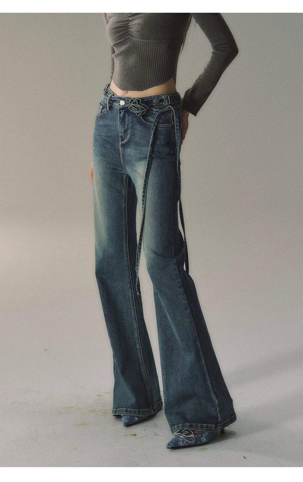 Vintage Distressed Flared Denim Jeans - CHINASQUAD