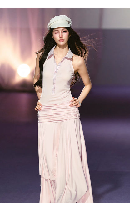 Vintage-Inspired Irregular Hem Shirt-Collar Sleeveless Maxi Dress