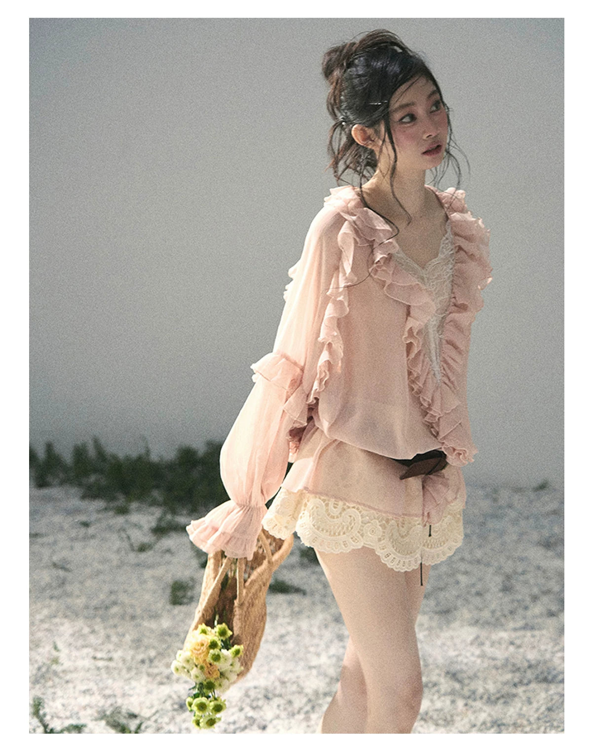 French Ruffle Lace Chiffon Blouse