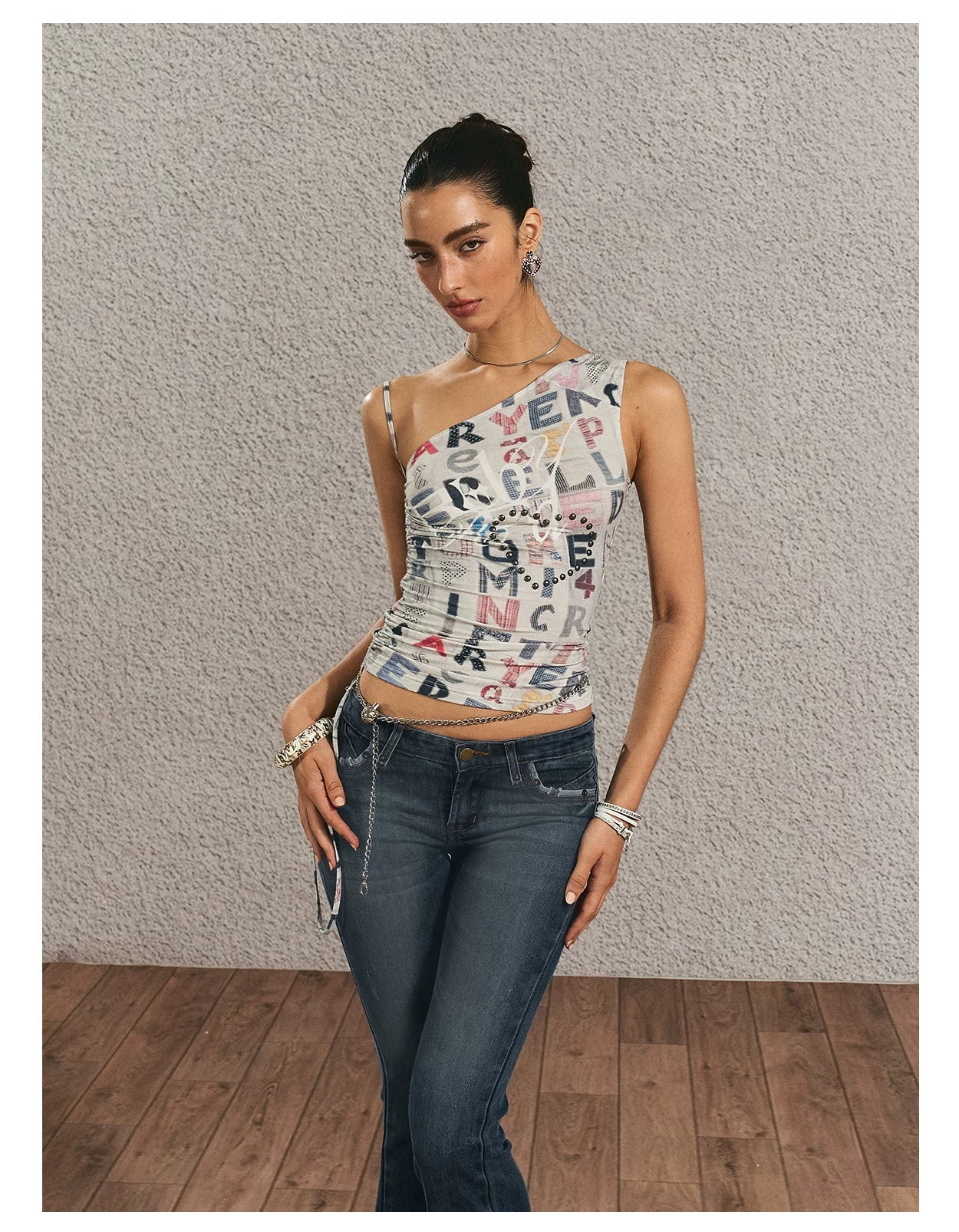 Vintage Graphic One-Shoulder Cinched Crop Tee