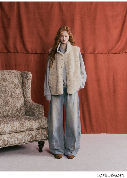 Vintage Washed Distressed Wide-Leg Denim Pants