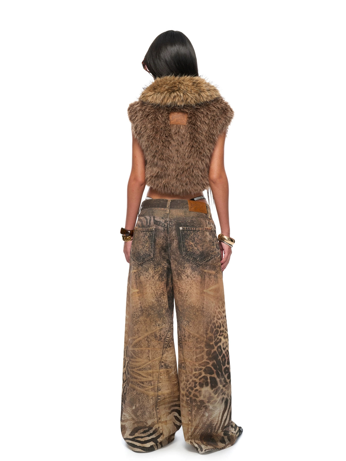 Washed Wide-Leg Printed Denim Pants