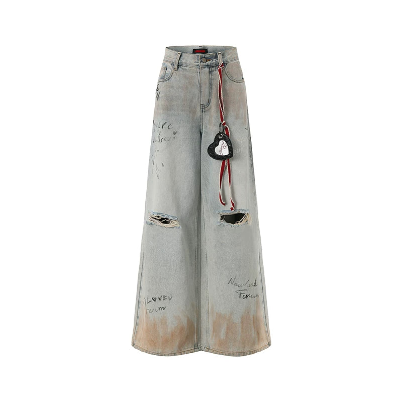 Graffiti Spray-Wash Wide-Leg Denim Jeans