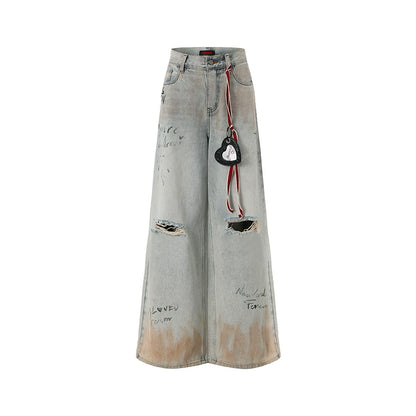 Graffiti Spray-Wash Wide-Leg Denim Jeans