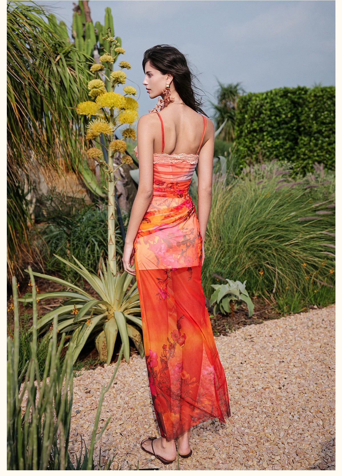 Floral Mesh Corset Slip Mermaid Maxi Dress Orange (Pre-sale) / XS