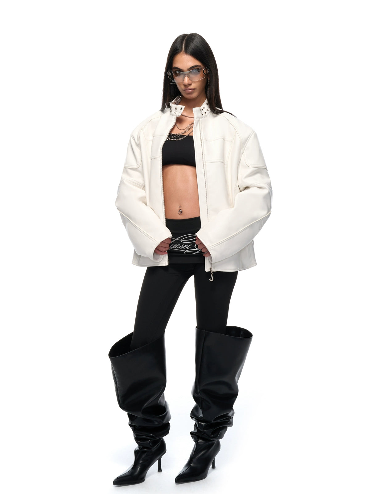 White Studded Stand-Collar Oversized Jacket