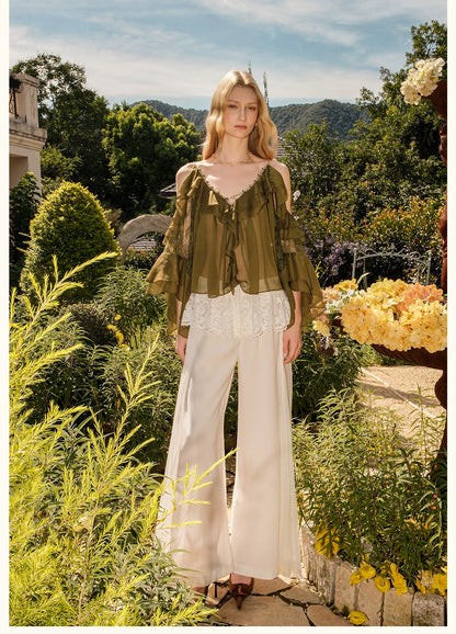 Flowy Chiffon Ruffle Rope Blouse