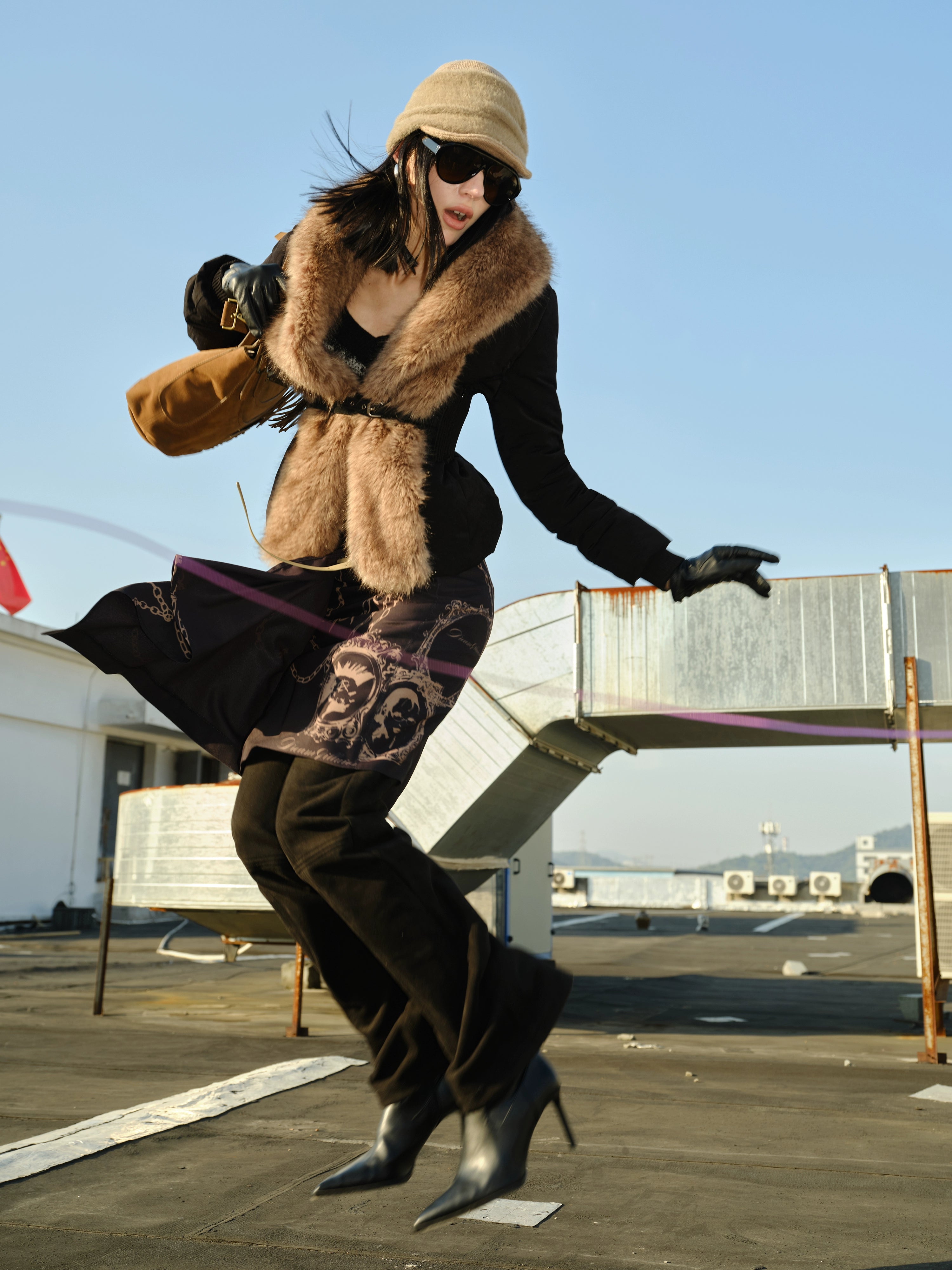 Vintage-Tech Distressed Fur-Panel Down Jacket