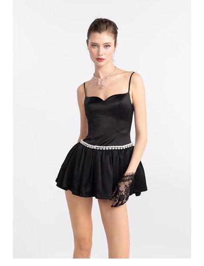 Pearl-Embellished Strappy Fit-and-Flare Mini Dress