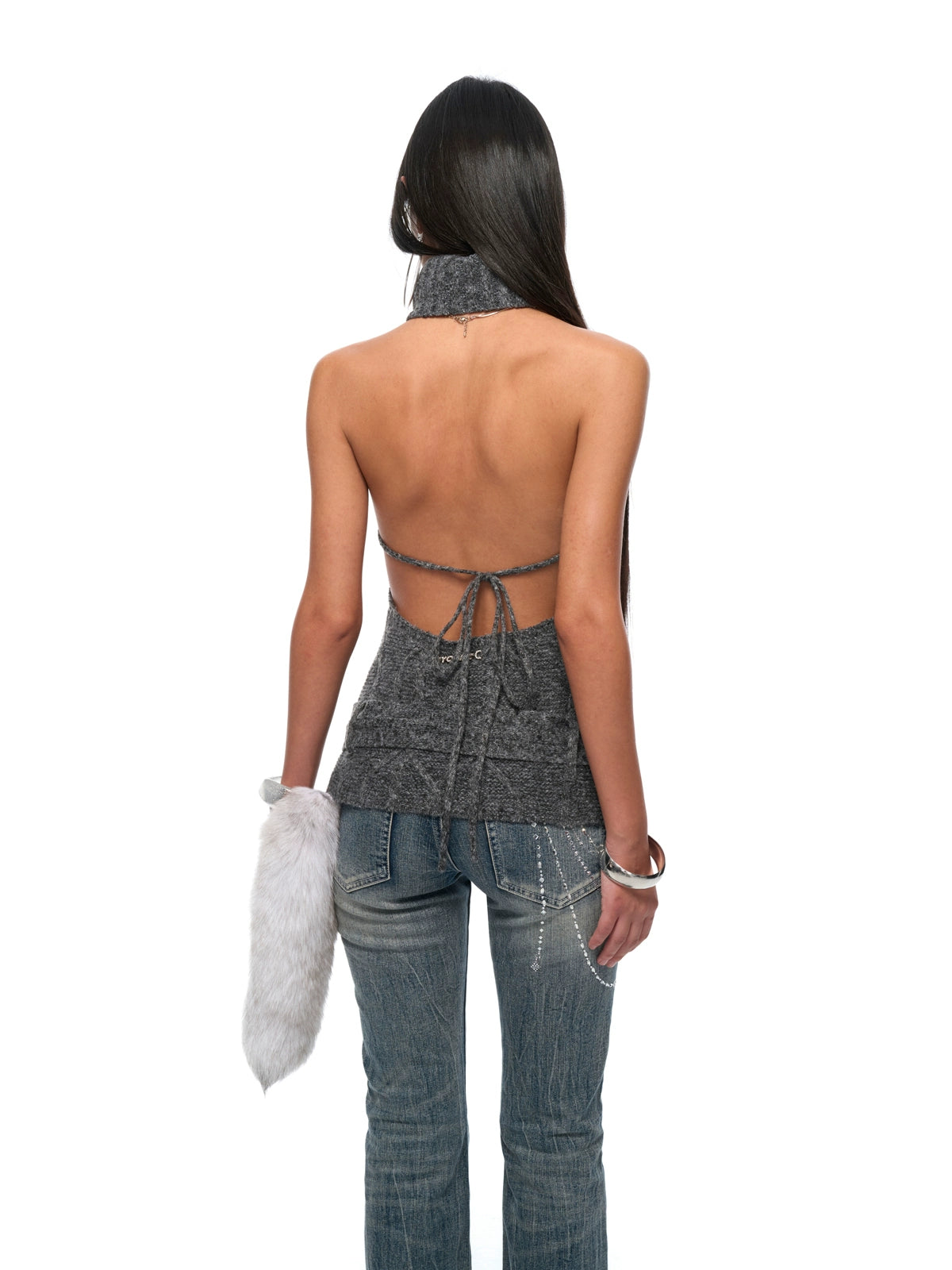 Backless High-Neck Cable-Knit Sweater