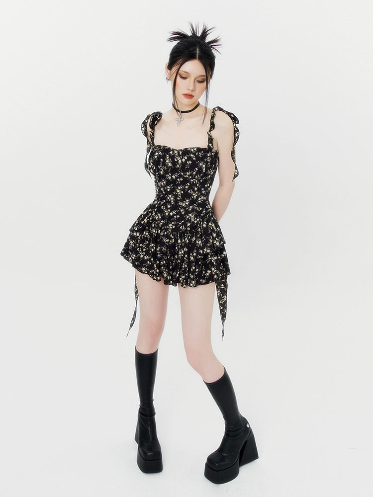 Black French Floral Waist-Cinching Dress