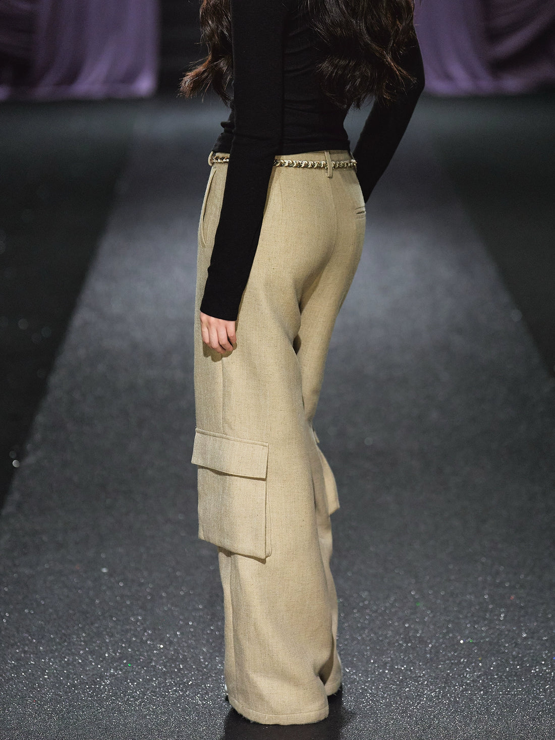Tweed Braided Belt High-Waist Wide-Leg Pants