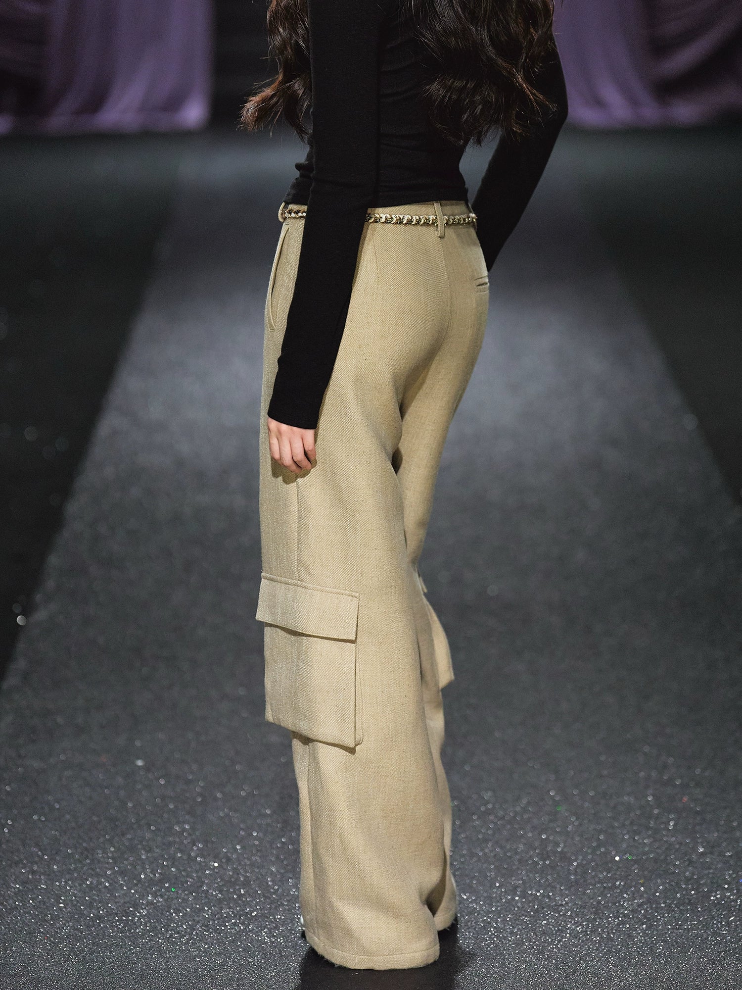 Tweed Braided Belt High-Waist Wide-Leg Pants