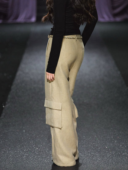 Tweed Braided Belt High-Waist Wide-Leg Pants