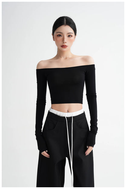 Off-Shoulder Cropped Fitted Long Sleeve T-Shirt