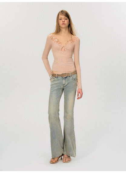 Cut-Out Lace-Up Slim Fit Long Sleeve Top