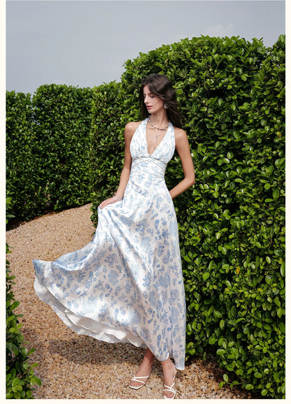 Halter V-Neck Cut-Out Printed Maxi Dress
