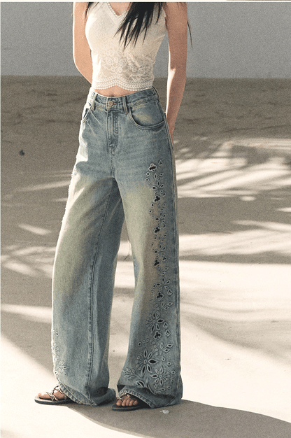 Washed Straight-Leg Wide Denim Pants