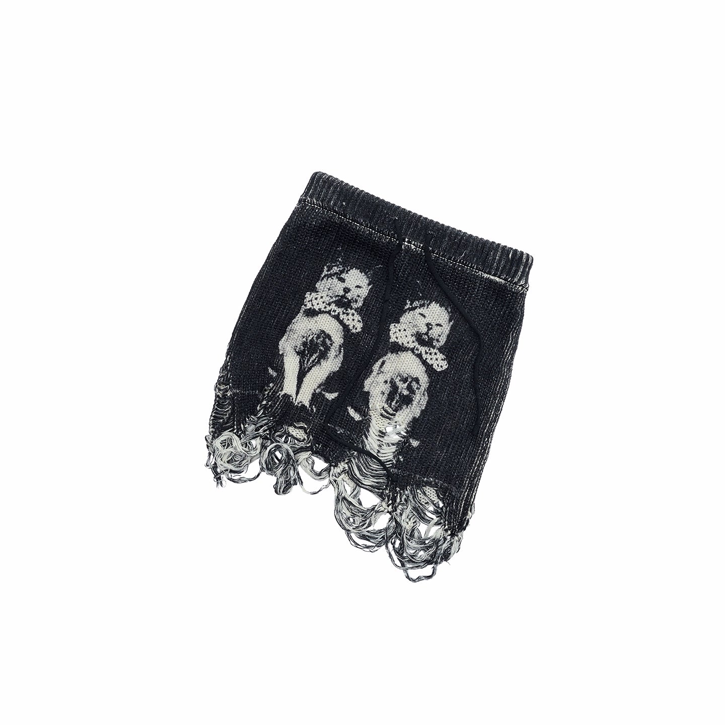 Cat Print Distressed Knit Mini Skirt