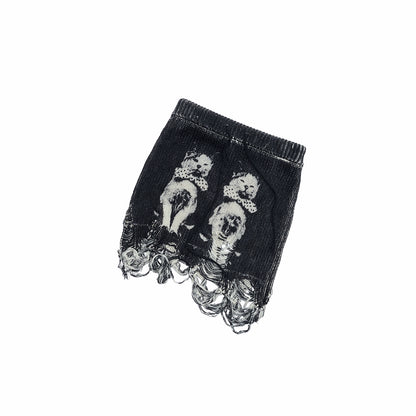 Cat Print Distressed Knit Mini Skirt