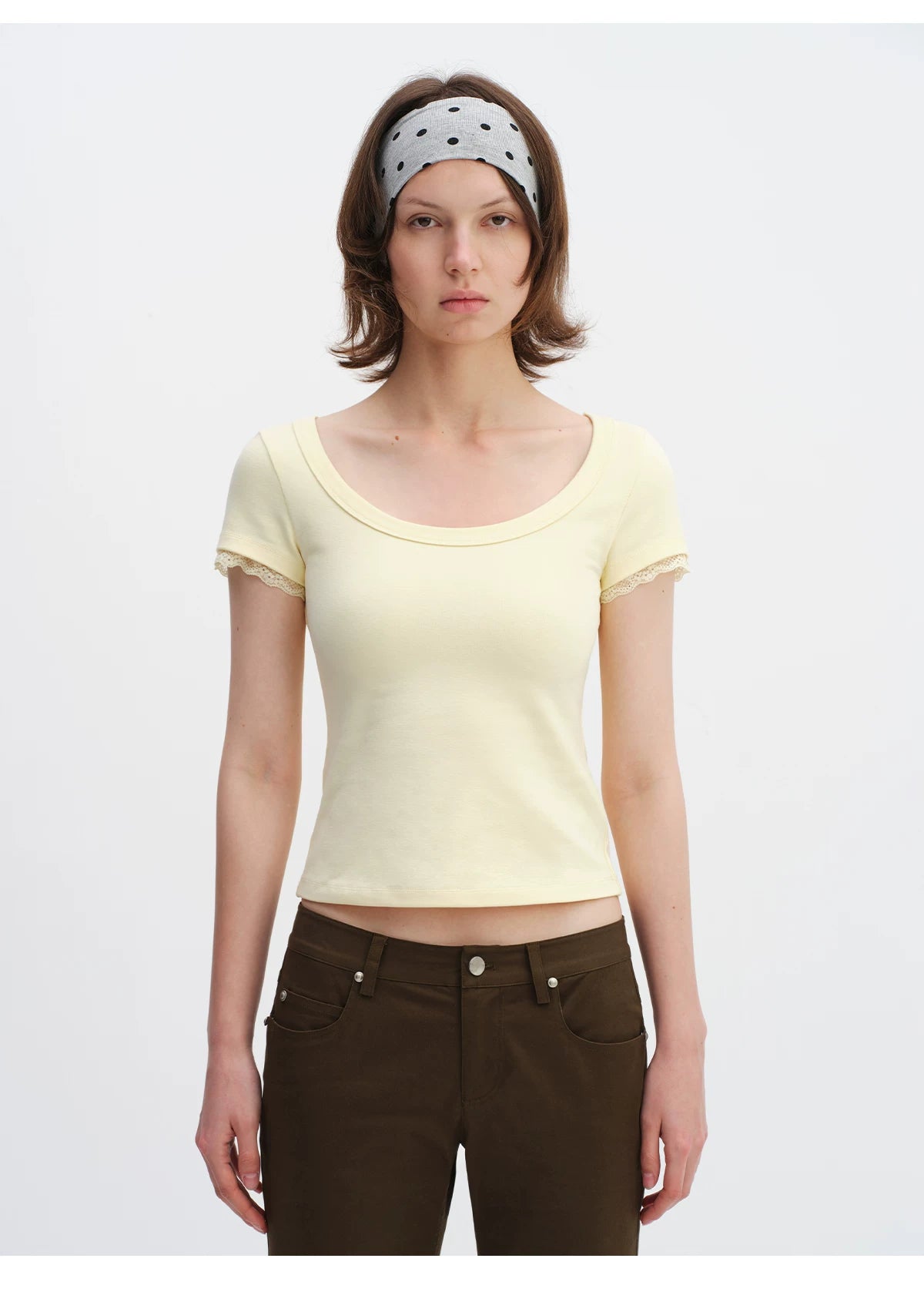 Lace Trim Scoop Neck Fitted Cotton T-Shirt