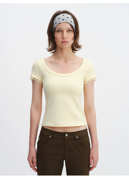 Lace Trim Scoop Neck Fitted Cotton T-Shirt