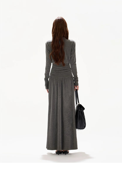 Pleated Waist-Defining A-Line Maxi Dress