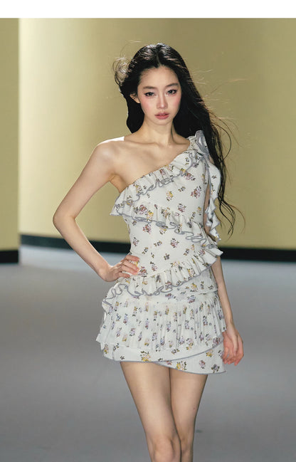 Wild Rose One-Shoulder Floral Top &amp; Layered Mini Skirt Set