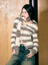 Purple & Khaki Striped Fuzzy Cardigan - CHINASQUAD