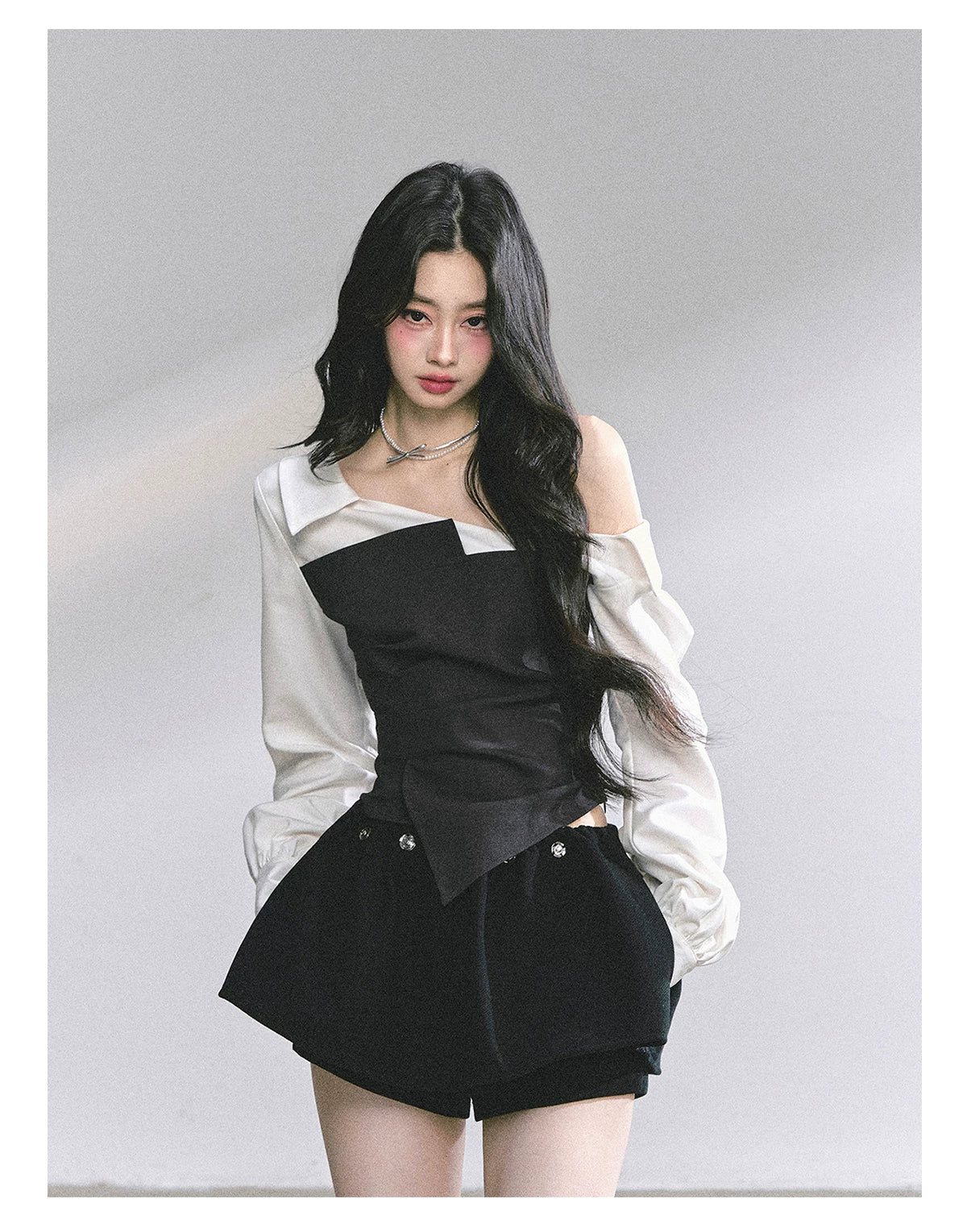 Faux Two-Piece Asymmetric Shoulder Shirt