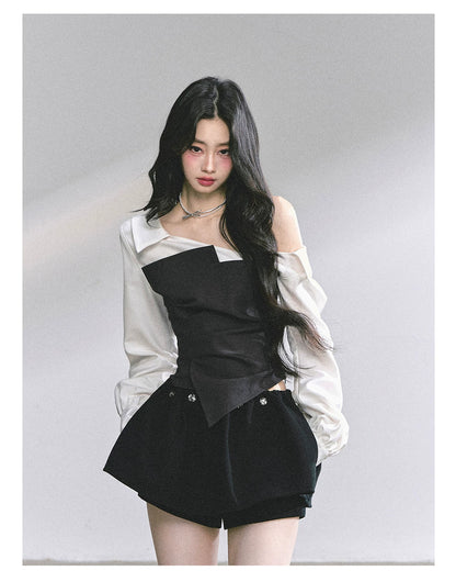 Faux Two-Piece Asymmetric Shoulder Shirt