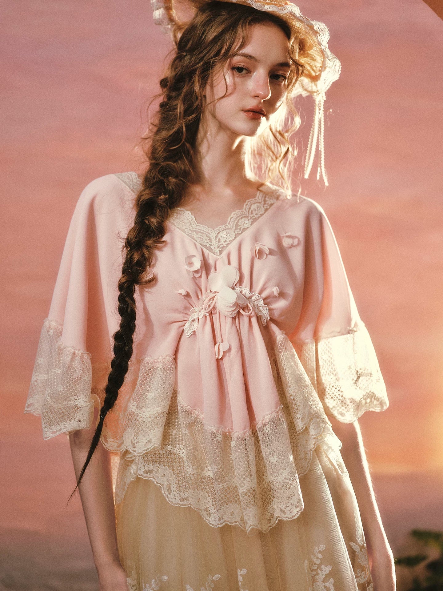 Peach Blossom Fan – French Lace V-Neck Blouse
