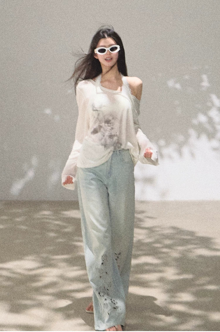 Bohemian Cut-Out Embroidered Wide-Leg Denim Trousers