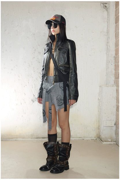 Distressed Cropped Biker Leather Jacket