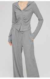 Black & Gray V-neck Hooded Cardigan & Pant Set - CHINASQUAD