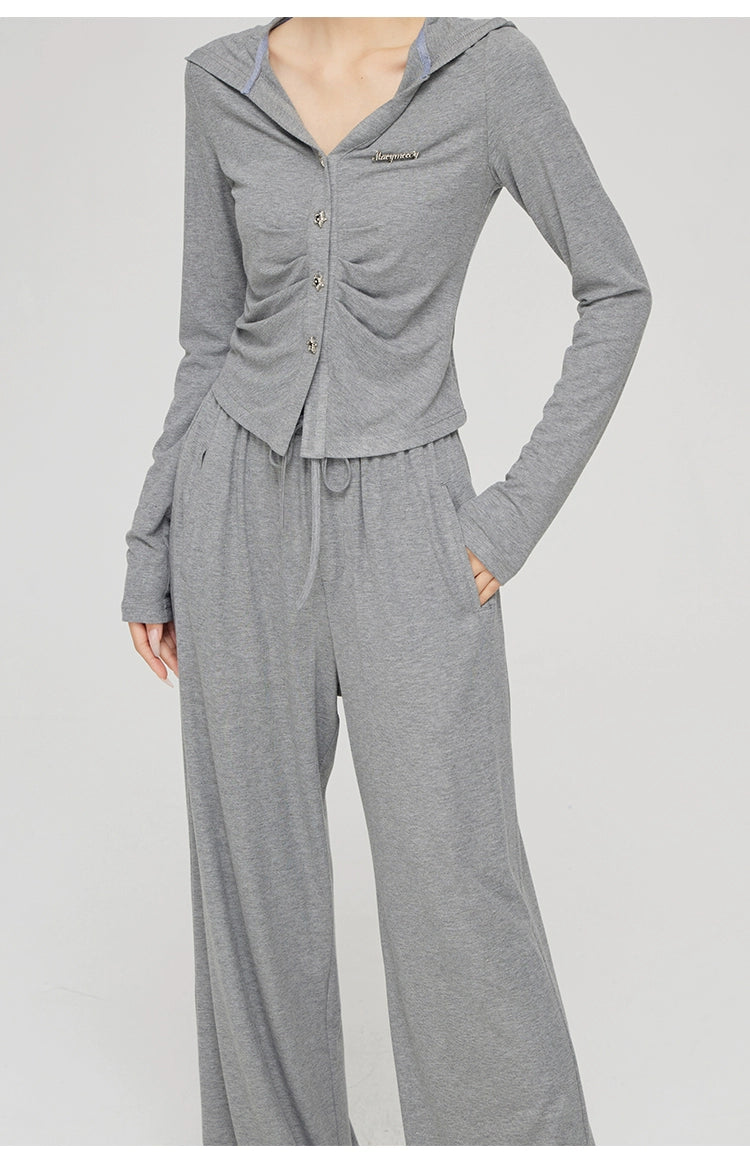 Black &amp; Gray V-neck Hooded Cardigan &amp; Pant Set - CHINASQUAD