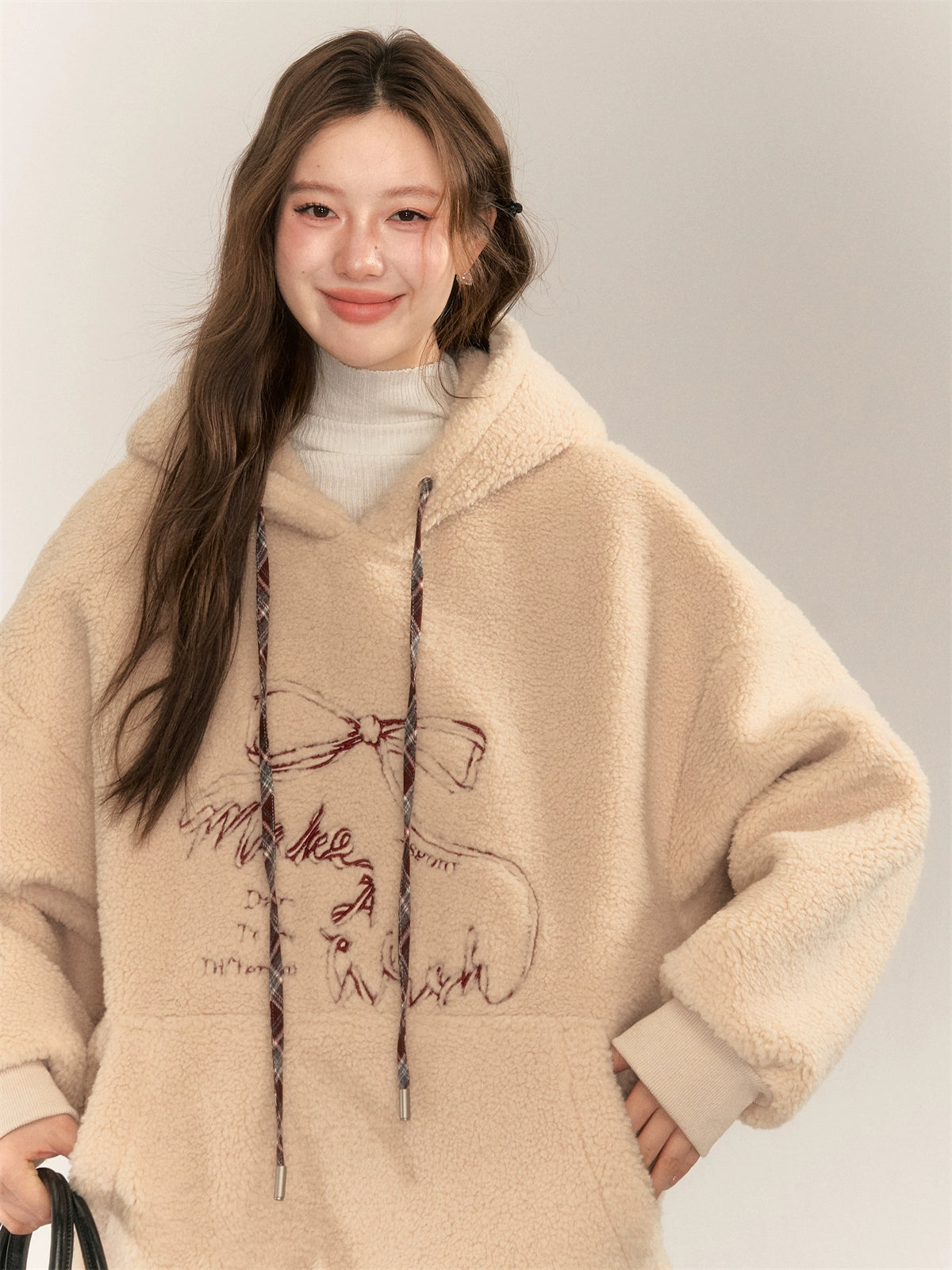 Color Block Bow Embroidery Lamb Wool Hoodie