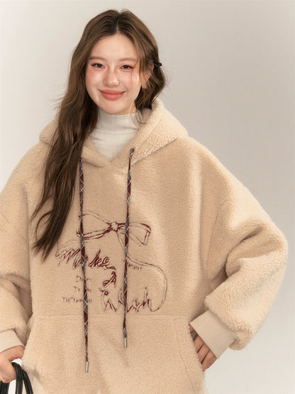 Color Block Bow Embroidery Lamb Wool Hoodie