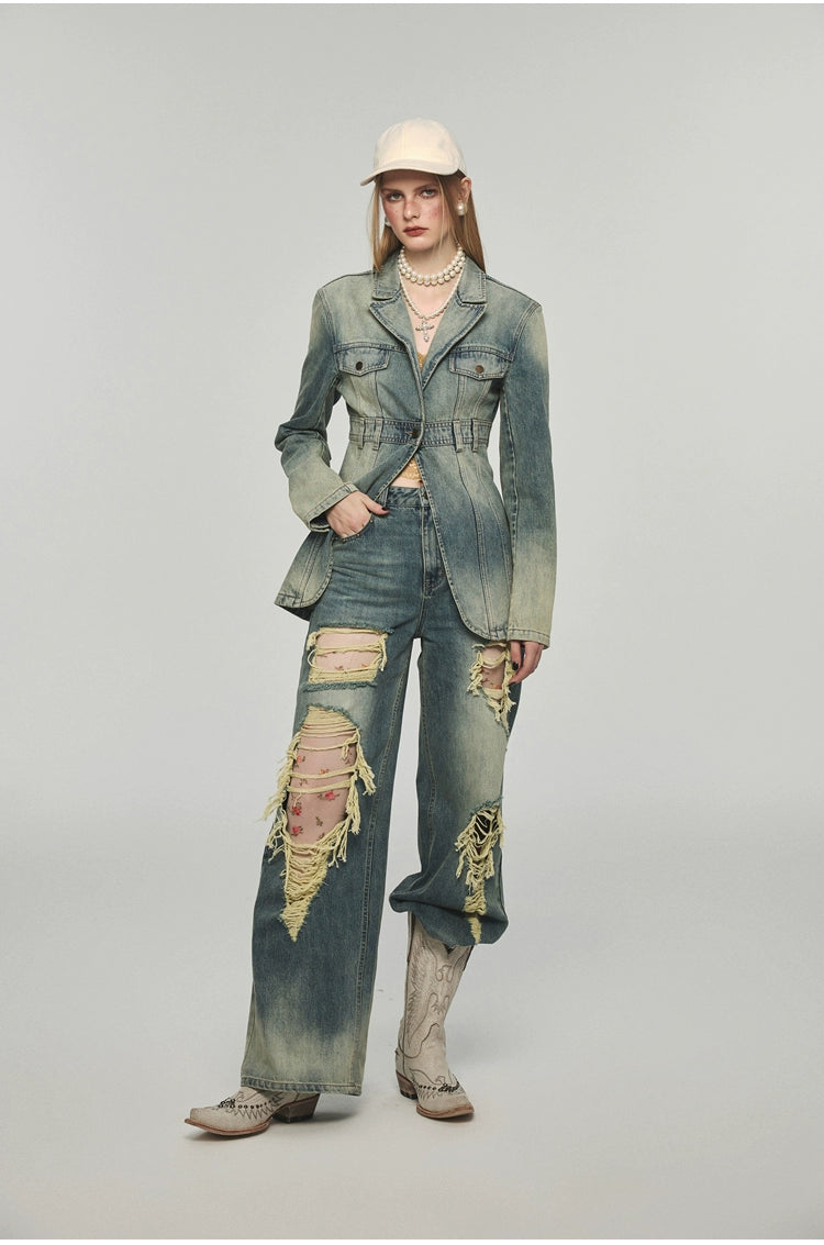 Denim Distressed Wide-Leg Pants - CHINASQUAD