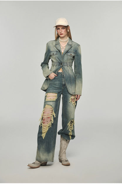 Denim Distressed Wide-Leg Pants - CHINASQUAD